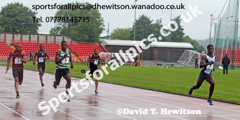 No 6 Edmond Amaning (TVH) wins from No. 8 Omoloulu Abidoun (WGEL) and No. 4 Marvin Popoola (HHH) 3rd in the 200 metres, British National League, Division 1, Gateshead. Photo: David T. Hewitson/Sports for All Pics